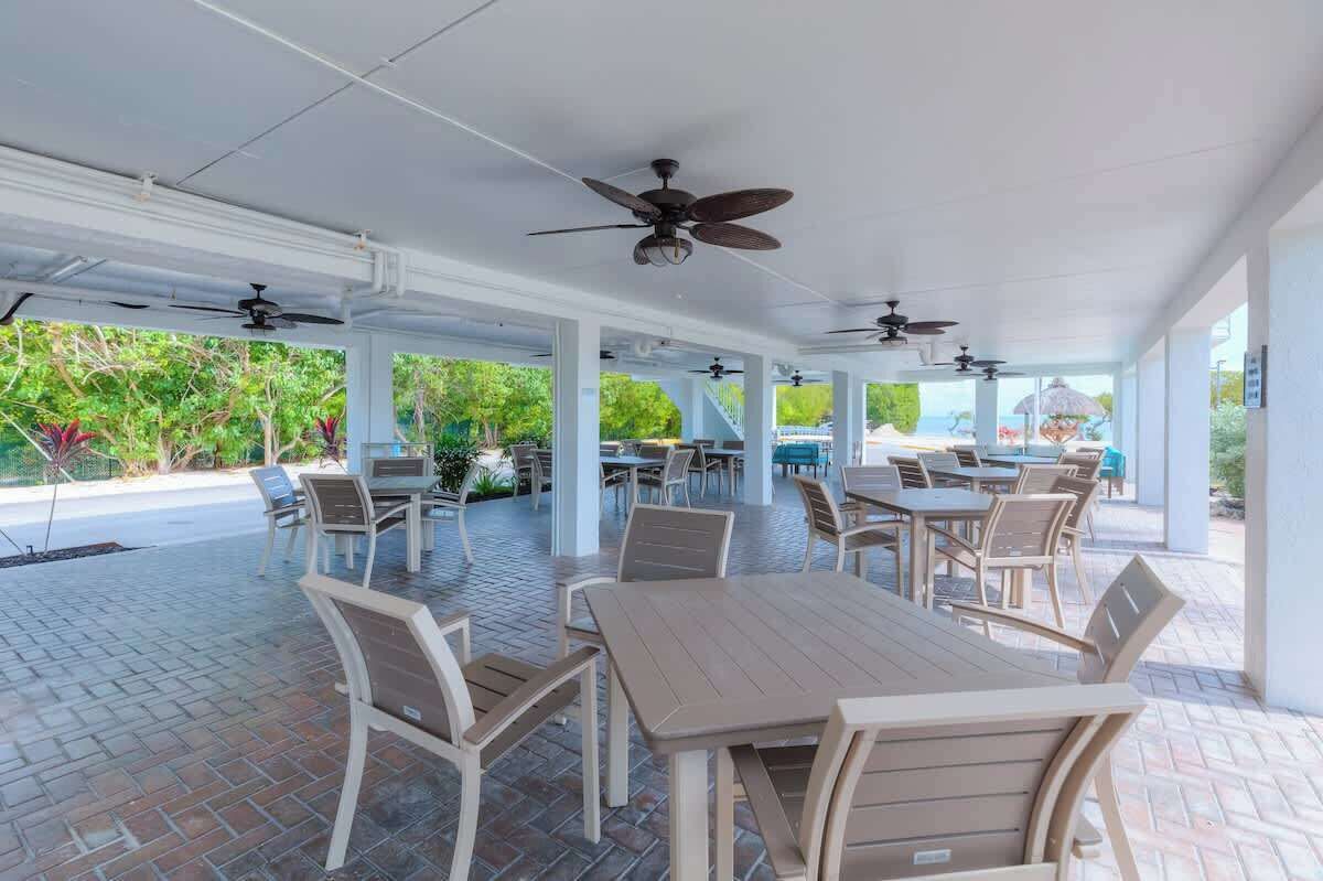 An outdoor covered patio area with tables and chairs, ceiling fans, and a view of greenery.