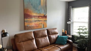 Smart TV, fireplace, books