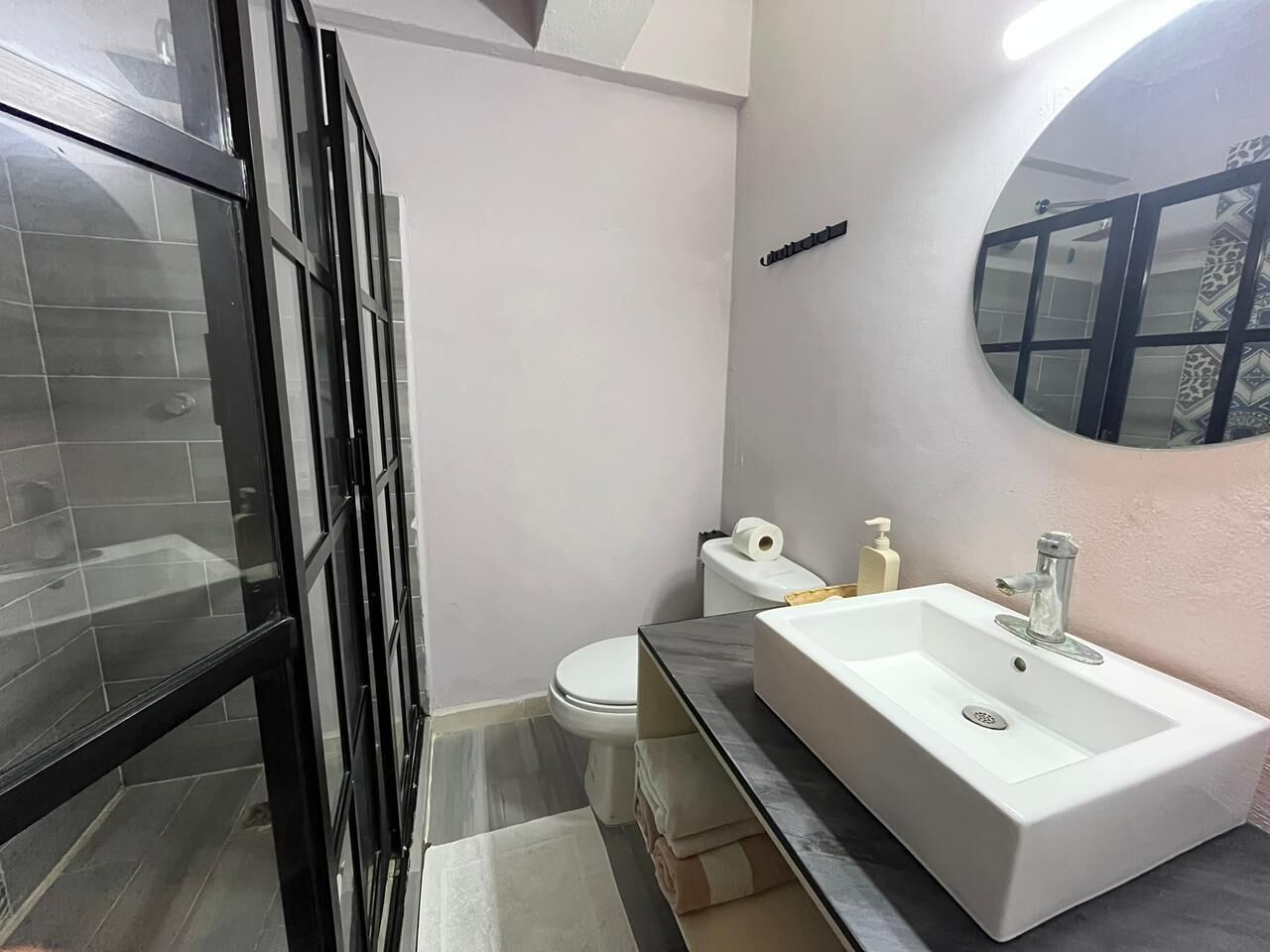 Ein Badezimmer mit Duschkabine aus Glas, einer weißen Toilette, einem Waschbecken mit Spiegel und einem Handtuchhalter.