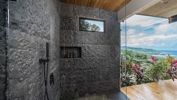 Shower, rainfall showerhead, hair dryer, bathrobes