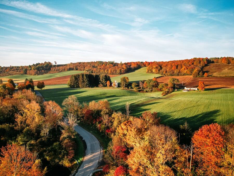 A rural landscape with rolling hills, a winding road, and autumn-colored trees.