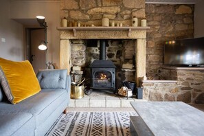 Una sala de estar acogedora con chimenea de piedra, un sofá, una mesa de centro y un televisor.