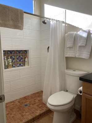 Combined shower/tub, hair dryer, towels, soap