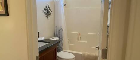 Combined shower/bathtub, hair dryer, towels, soap