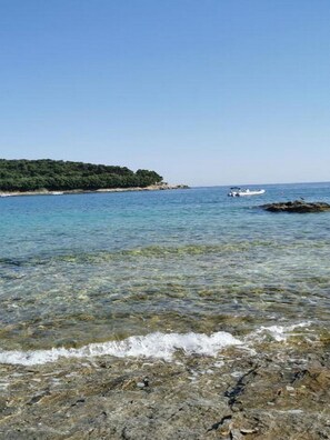 A clear coastal view with rocky shoreline, calm sea, and a distant boat.