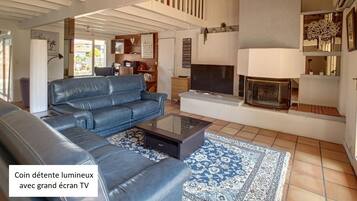 TV, fireplace, books, music library