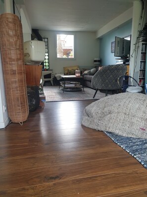 TV connectée, cheminée, table de tennis de table, livres