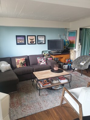 Smart-tv, een open haard, een tafeltennistafel en boeken