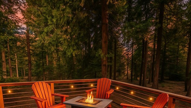A deck with red Adirondack chairs, a square table, and a central fire feature. - Mystic Meadow ~ Sweet Cabin + Meadow Views (Shaver Lake)