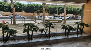 A view from inside a building looking out to a parking area with several cars and palm trees. - Oran sea & bay apartment (Oran)