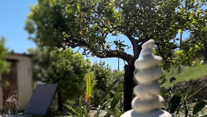 A stone stack in a garden with a tree and a chair in the background. - The First Flower (Noto)