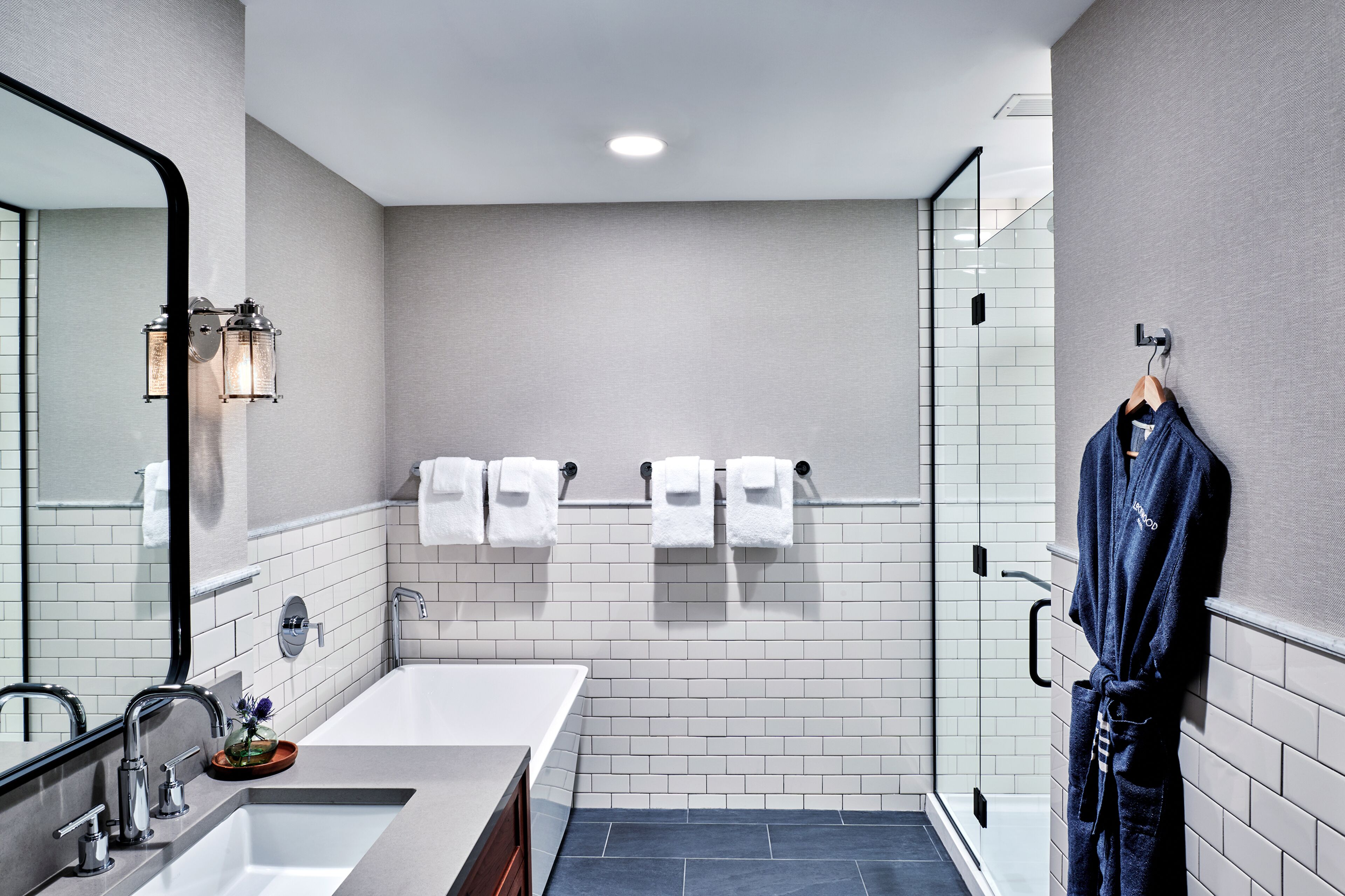 hair dryer, bathrobes, towels, soap