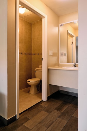 Standaard tweepersoonskamer, 2 queensize bedden | Badkamer | Een douche, een haardroger, handdoeken, zeep