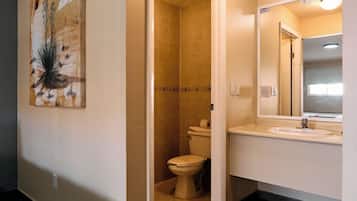 A bathroom with a toilet, sink, and mirror.