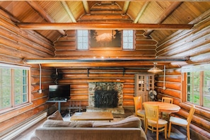 Cabin (Tahoma) | Living area | 35-inch TV with satellite channels, fireplace, DVD player