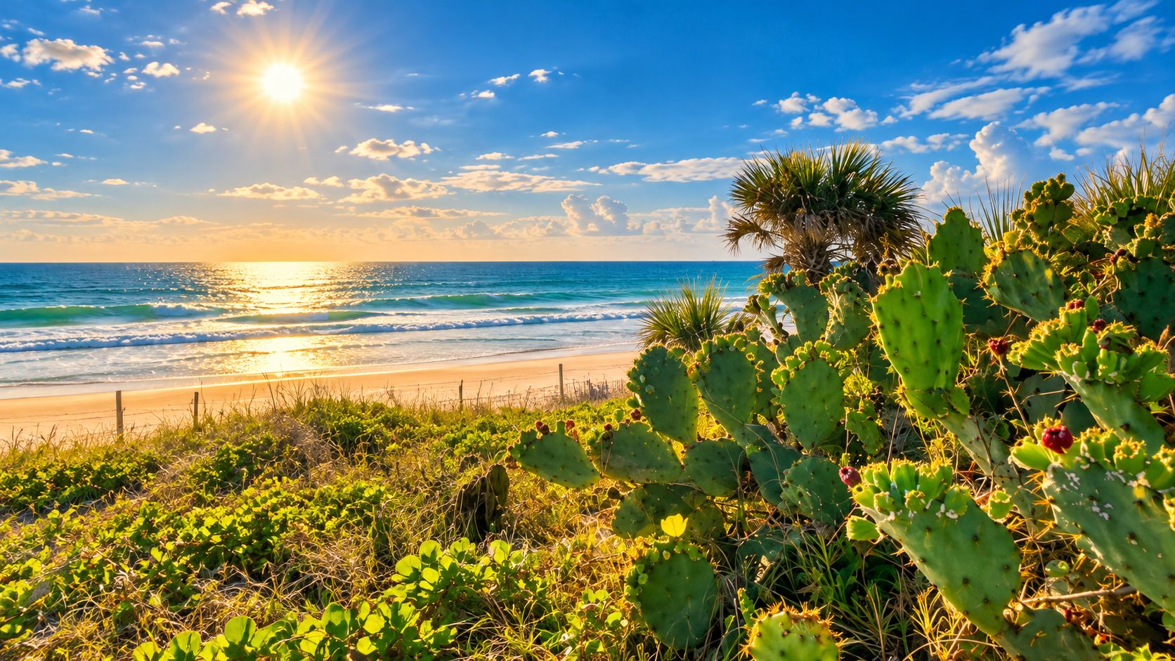A beach with a cactus and ocean view.