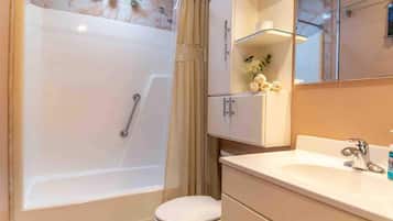 Combined shower/tub, hair dryer, towels, shampoo