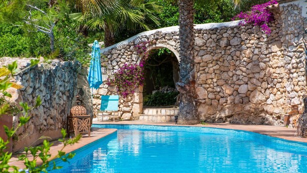 A stone pool with a clear blue water, surrounded by lush greenery and a stone wall.