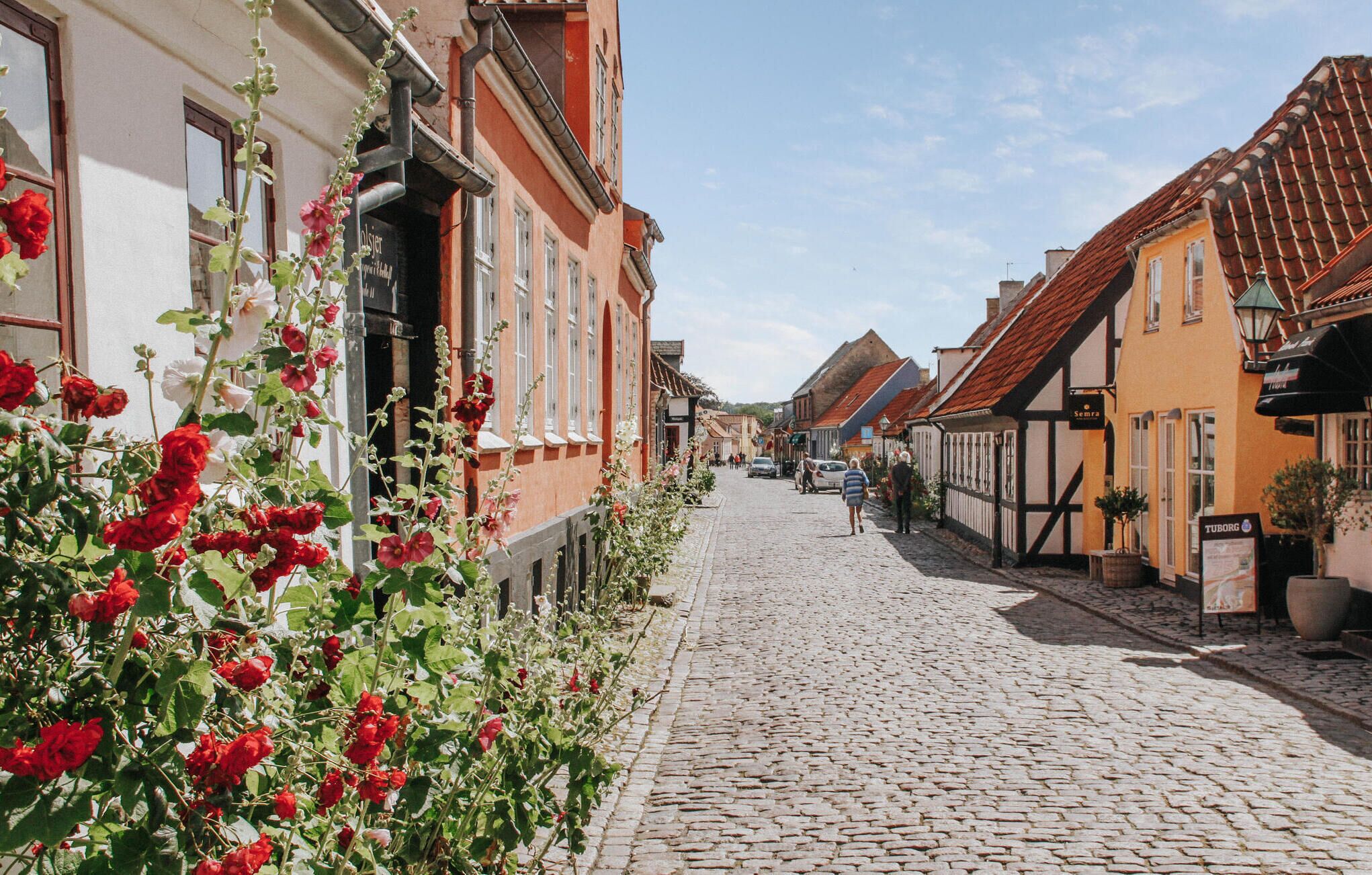 A cobblestone street lined with traditional European buildings, some with visible signage.