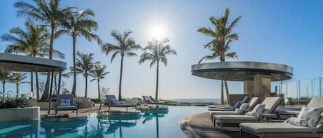 Indoor pool, outdoor pool, pool loungers