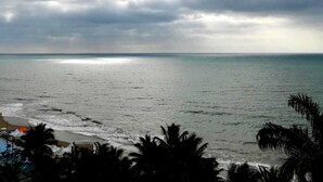 A beach with a view of the ocean and palm trees in the foreground.