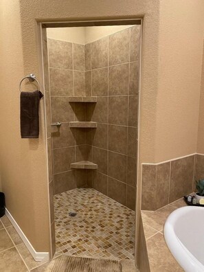 Combined shower/tub, hair dryer, towels, soap