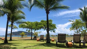 Et loungeområde ved stranden med palmer, stole og havudsigt.
