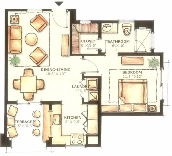 Plano de planta de un apartamento pequeño con comedor, cocina, dormitorio, baño y una pequeña terraza.