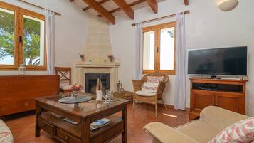 Een televisie, een open haard en een muziekbibliotheek