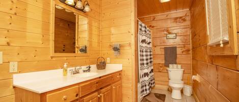 A wooden cabin bathroom with a sink, mirror, and toilet.