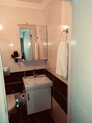 Shower, rainfall showerhead, free toiletries, hair dryer