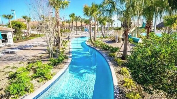 Une piscine au design incurvé, entourée de palmiers et de verdure.