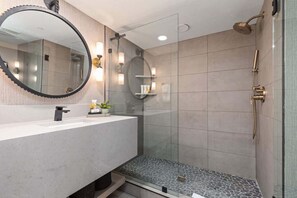 Shower, hair dryer, shampoo