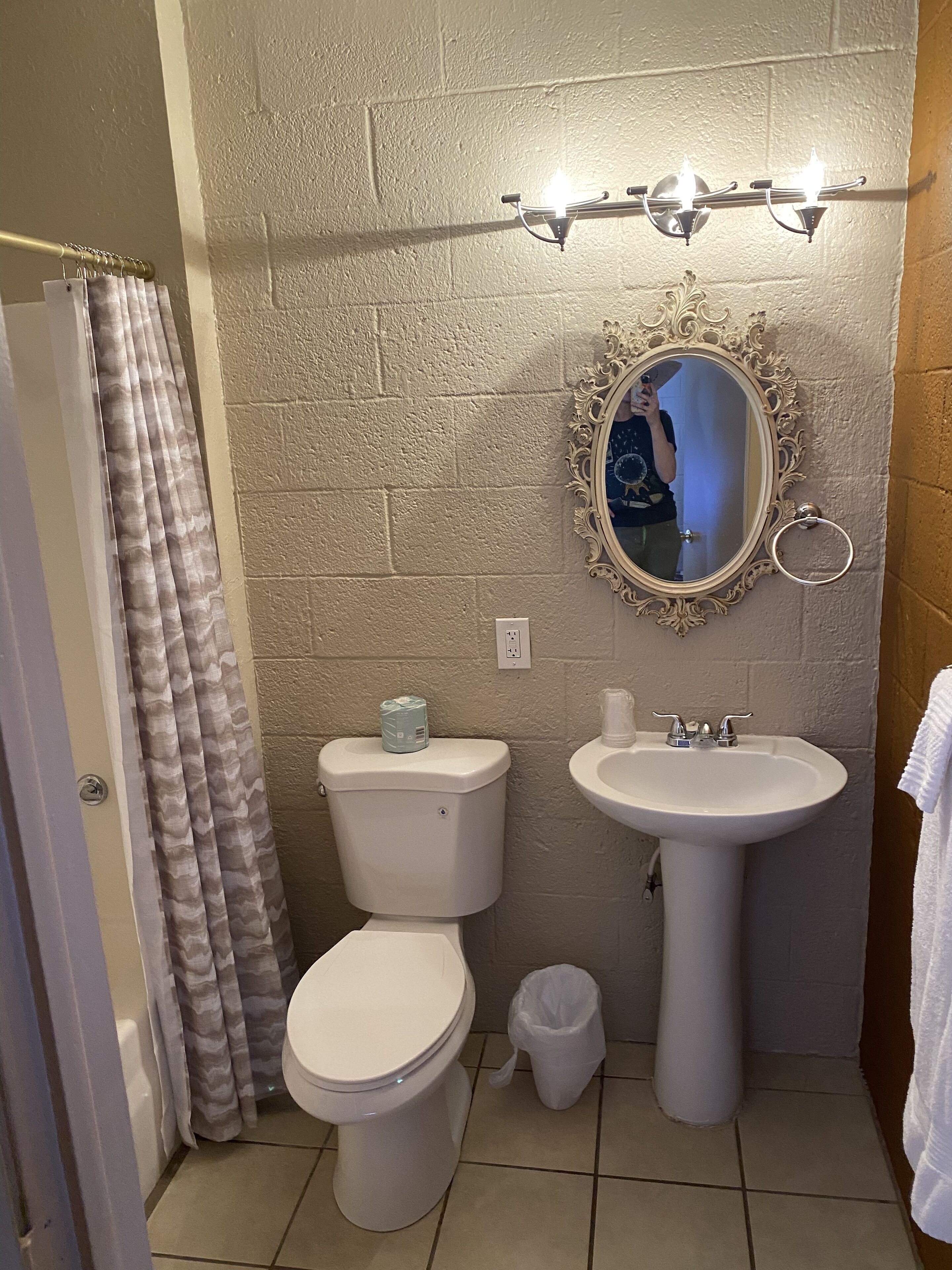 A bathroom with a toilet, sink, and mirror.