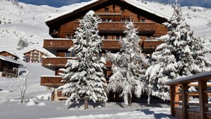 A wooden chalet with multiple balconies, surrounded by snow-covered trees and a mountainous backdrop.