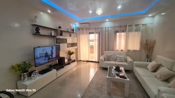 Smart TV, DVD player, music library, stereo