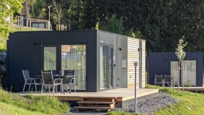 A modern, compact cabin with a patio area, large windows, and a view of a forested hillside. - mit 2 Schlafzimmern by Interhome (Kötschach-Mauthen)