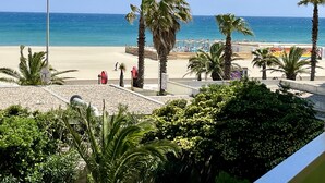 Una playa con palmeras, orilla arenosa y cielo azul despejado.