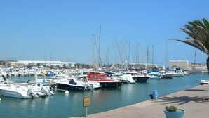 Un puerto deportivo con varias embarcaciones amarradas, cielo despejado y algunos edificios al fondo.