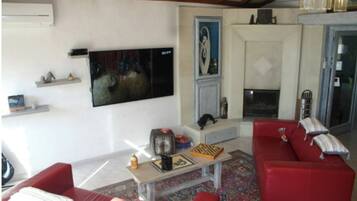 Smart TV, fireplace, DVD player, books