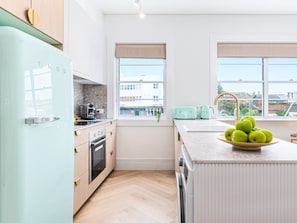 Fridge, oven, dishwasher, cookware/dishes/utensils