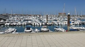 Een jachthaven met vele boten afgemeerd in rustig water.