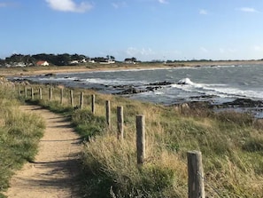 A coastal path with wooden posts, leading to a beach with waves.