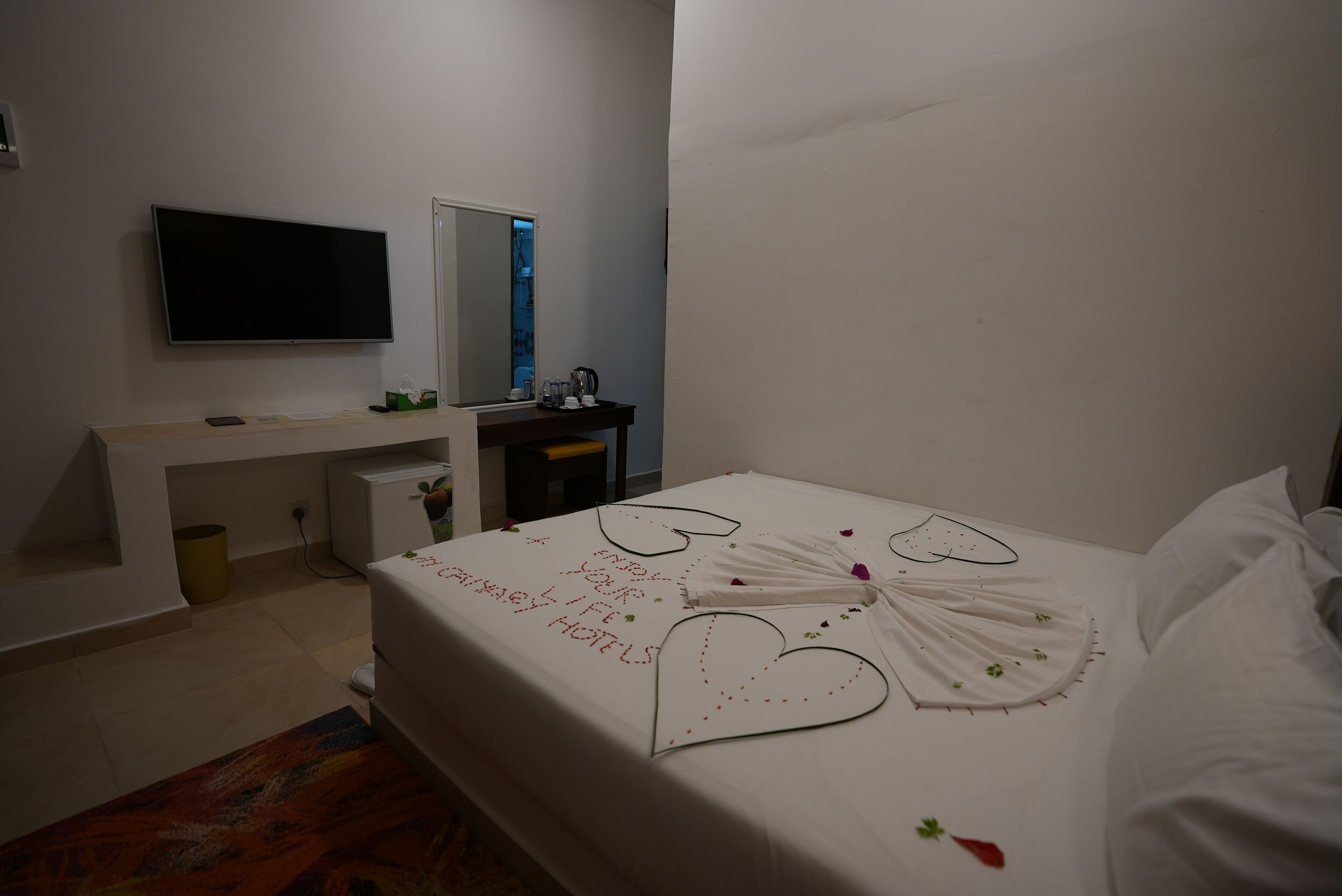 Une chambre d’hôtel avec un lit, une télévision, un bureau et un miroir.