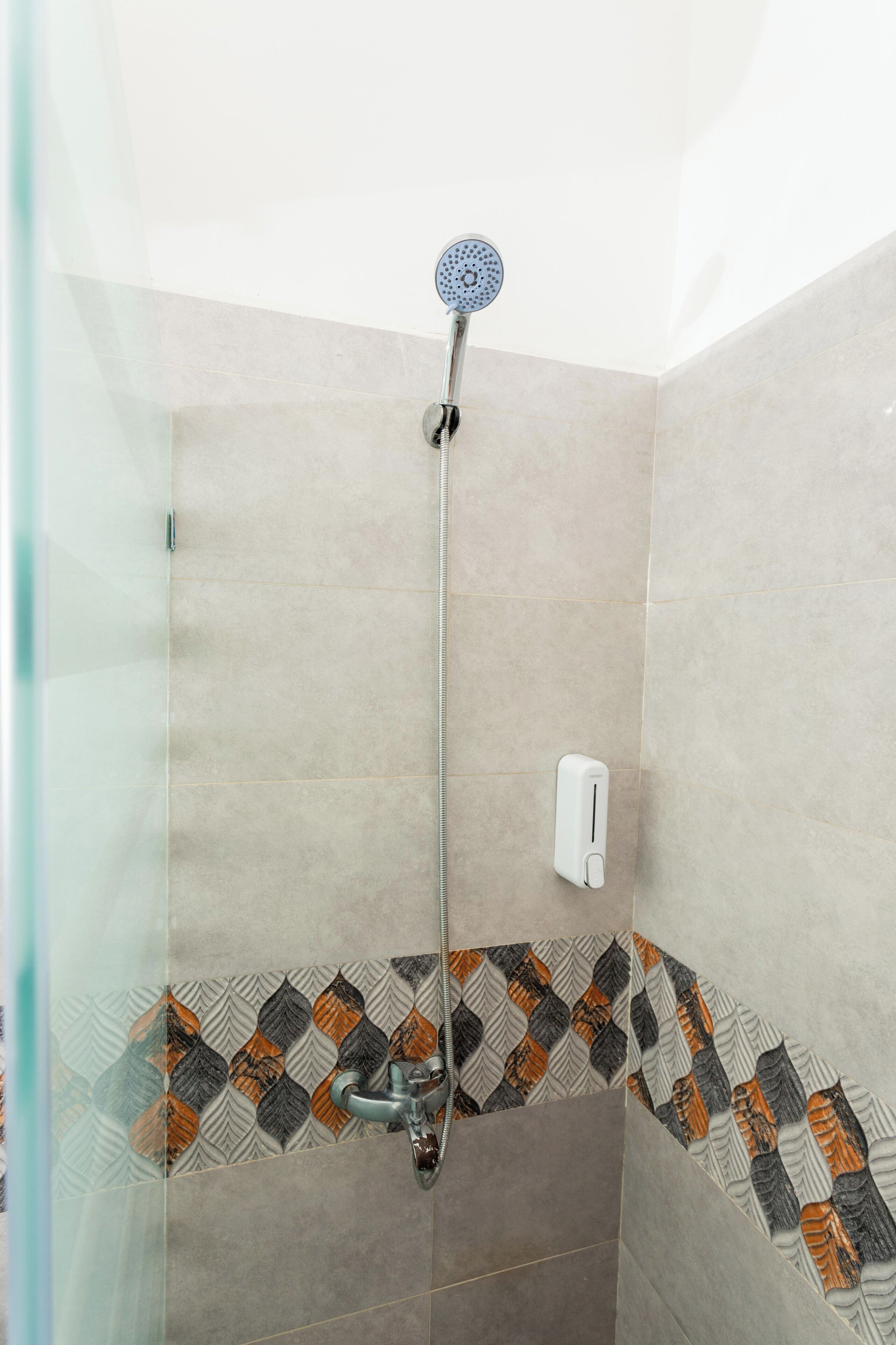 Een douche met een handdouche, een kraan op de muur en een zeepdispenser.