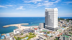 Een kuststadsbeeld met een opvallend hoog hotel, een strand en een jachthaven.