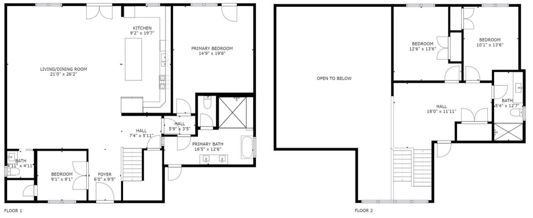 Un appartement de deux étages comprenant un salon/salle à manger, une cuisine, une chambre principale, une chambre secondaire, un hall d’entrée, une salle de bain principale et un couloir.
