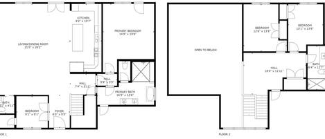Un appartement de deux étages comprenant un salon/salle à manger, une cuisine, une chambre principale, une chambre secondaire, un hall d’entrée, une salle de bain principale et un couloir.