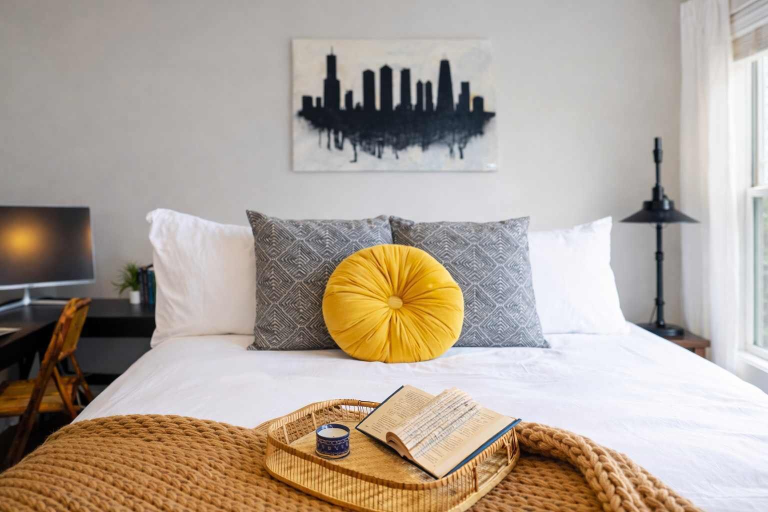 A neatly made bed with patterned pillows, a city skyline artwork on the wall, a bedside lamp, and a book on a woven tray.