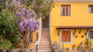 A yellow building with a staircase leading to a door, surrounded by greenery and purple flowers.